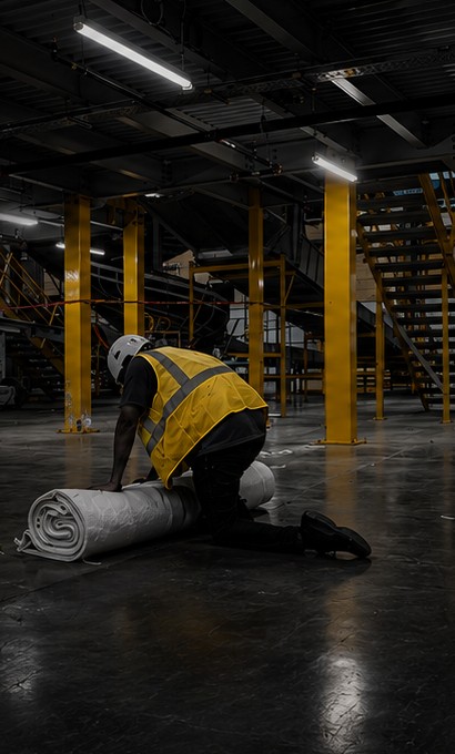 Installer in a hard hat and high-visibility vest rolling out acoustic insulation on a warehouse floor